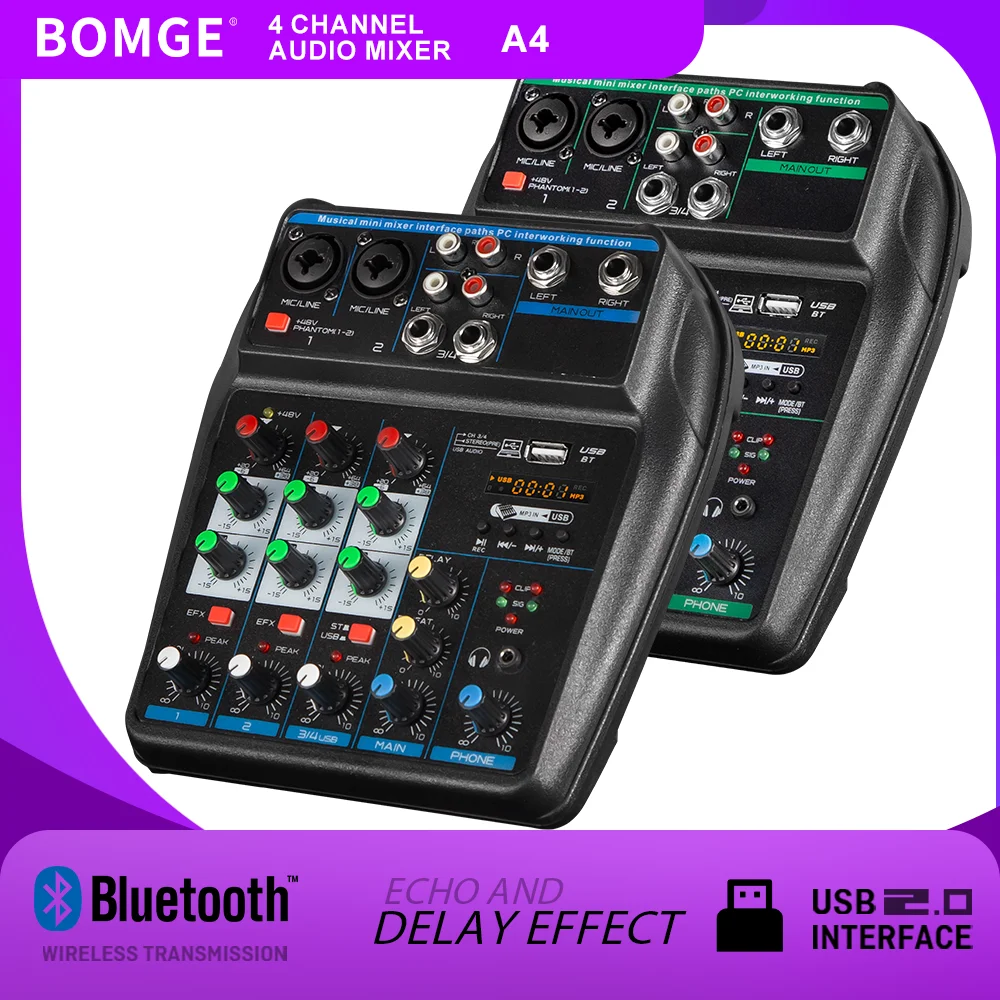 Audio Interface - Tragbarer 4-Kanal-Audiomixer, Aufnahmepult, Mischkarte mit BT,