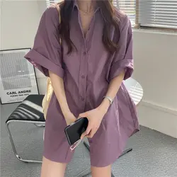 Camisa azul de manga corta para mujer, blusas holgadas medianas y largas para jóvenes, moda coreana, ropa sencilla para mujer, novedad de verano