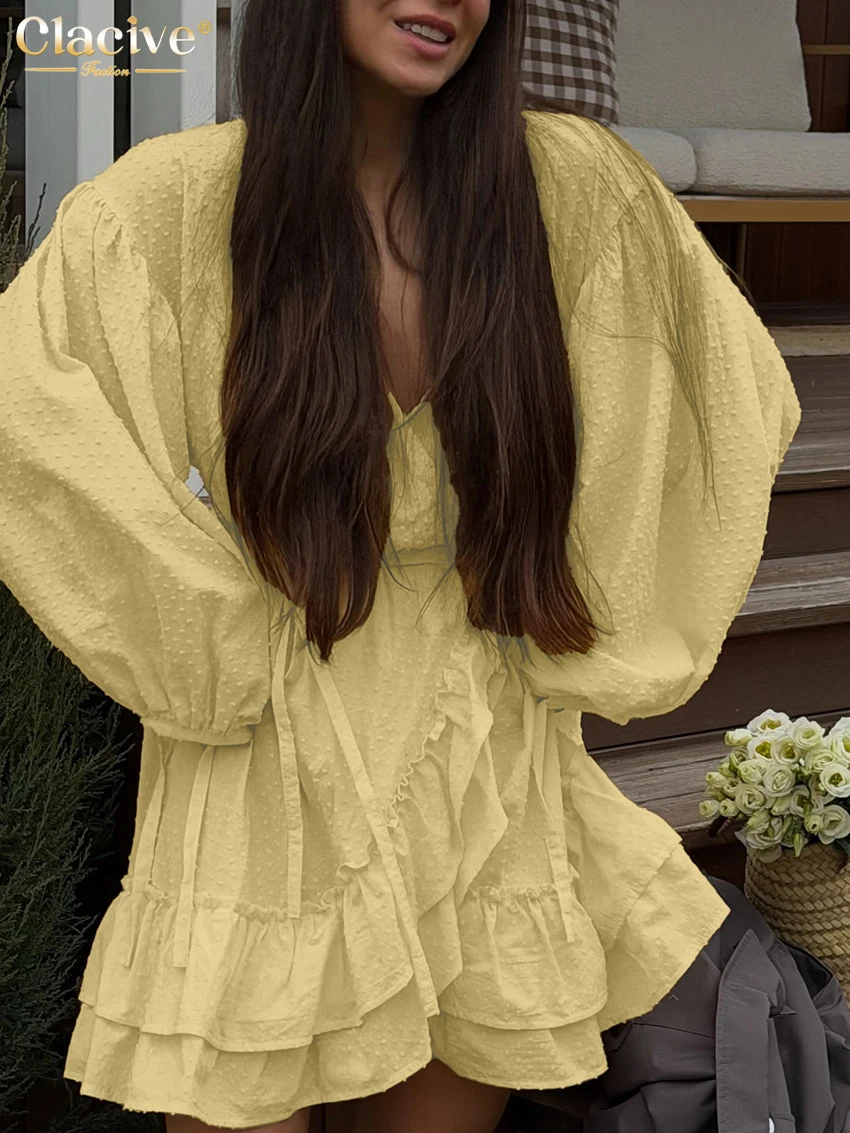 

Clacive Fashion Loose Yellow Women Dress Sexy V-Neck Long Sleeve Mini Dresses Elegant Classic Ruffles Female Dress Streetwear