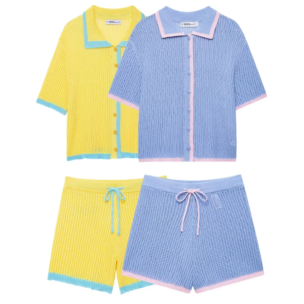 بدلة نسائية محبوكة غير رسمية كلاسيكية بأكمام قصيرة واحدة الصدر شورت برباط موضة جديدة 2025 بدلة شاطئ نسائية صيفية