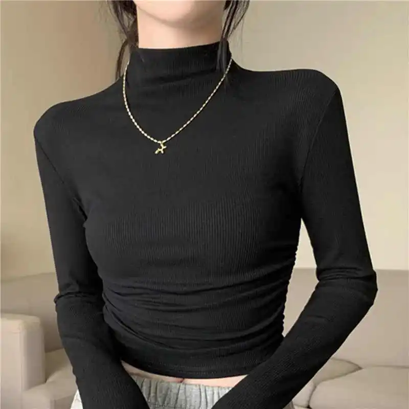 Half High Collar Long Sleeve T-shirts Women Autumn Simple Versatile Pullover Tops Solid Color Slim Bottoming Tees Female