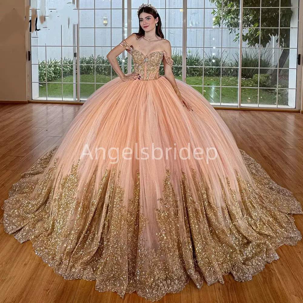 Angelsbridep Pink Ball Gown Quinceanera Dresses 2025 With Gold Sequined Appliques Beading Party Gown Vestido De Quinceañera