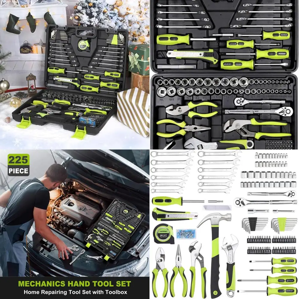 

Green 225-Piece SAE/Metric Tool Kit with Toolbox, Complete Home and Car Repair Set for DIY and Maintenance