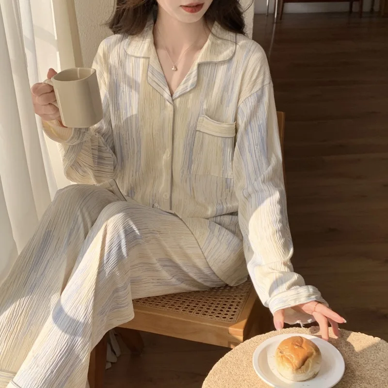 Spring and Autumn Ladies Imitation Cotton Wrinkled Lapel Cardigan Long-Sleeved Pajamas Set College Style Sweet Cute Loose Homewe