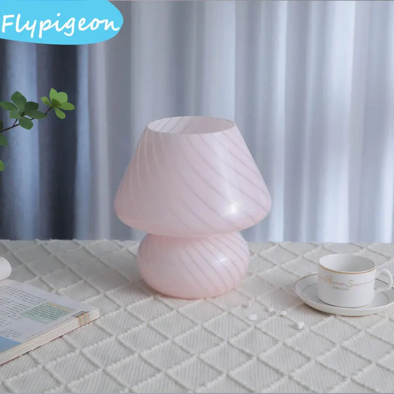 

American Striped Glass Retro Desk Lamp Mushroom Table Lamps LED Dimmable Night Light for Bedroom Bedside Reading Lighting Decor