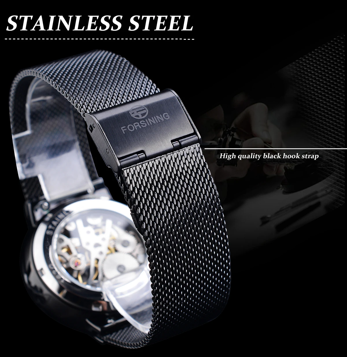 Forsining Men's Skeleton Mechanical Watches Waterproof Outdoor Wristwatch Casual Minimalism Watch For Man Black Mesh Band