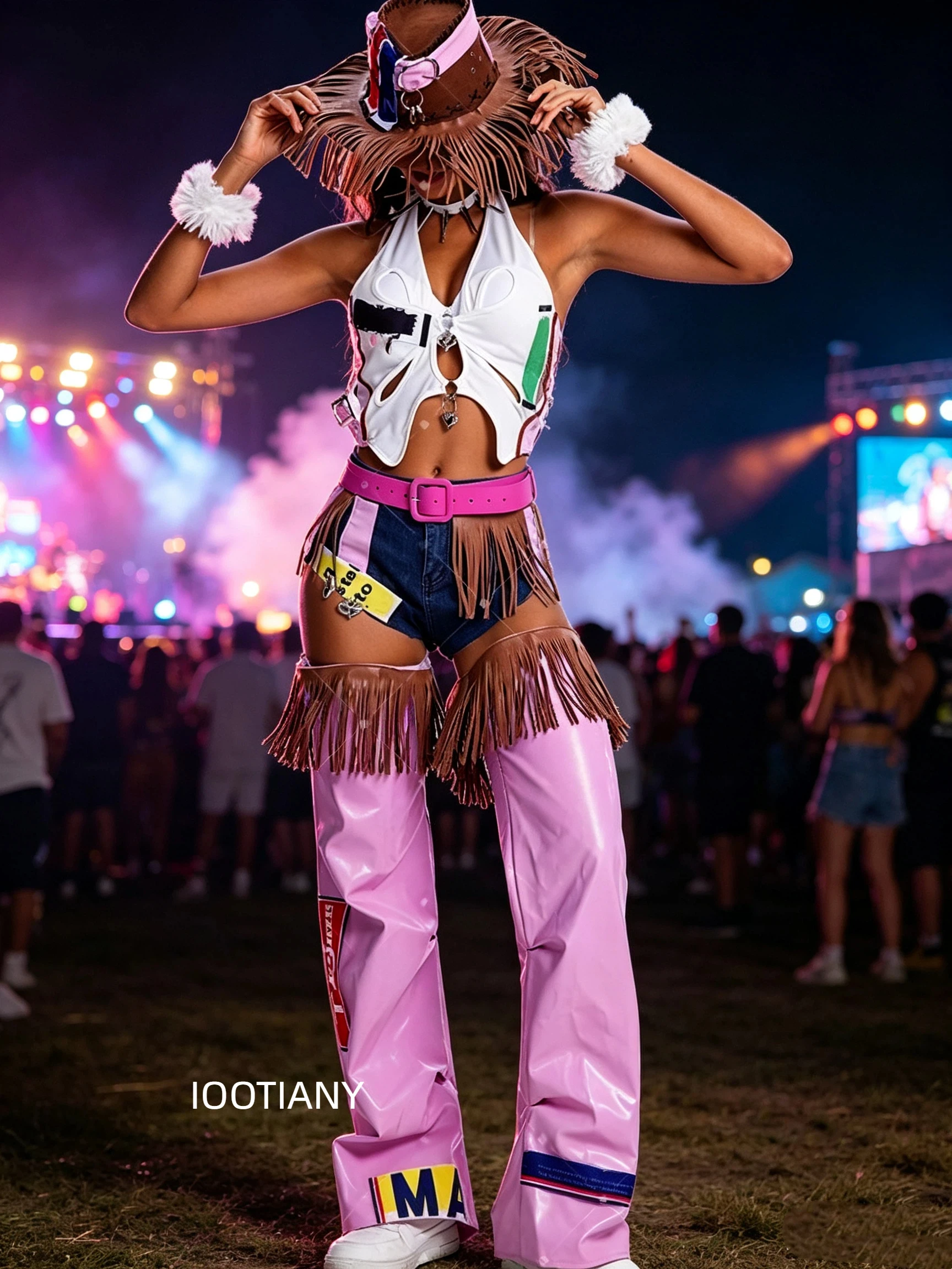 Women Western Cowgirl Costume Set Fringe Halter Crop Top Denim Shorts Pink Chaps Cowboy Hat Rave Carnival Party Cosplay Outfit