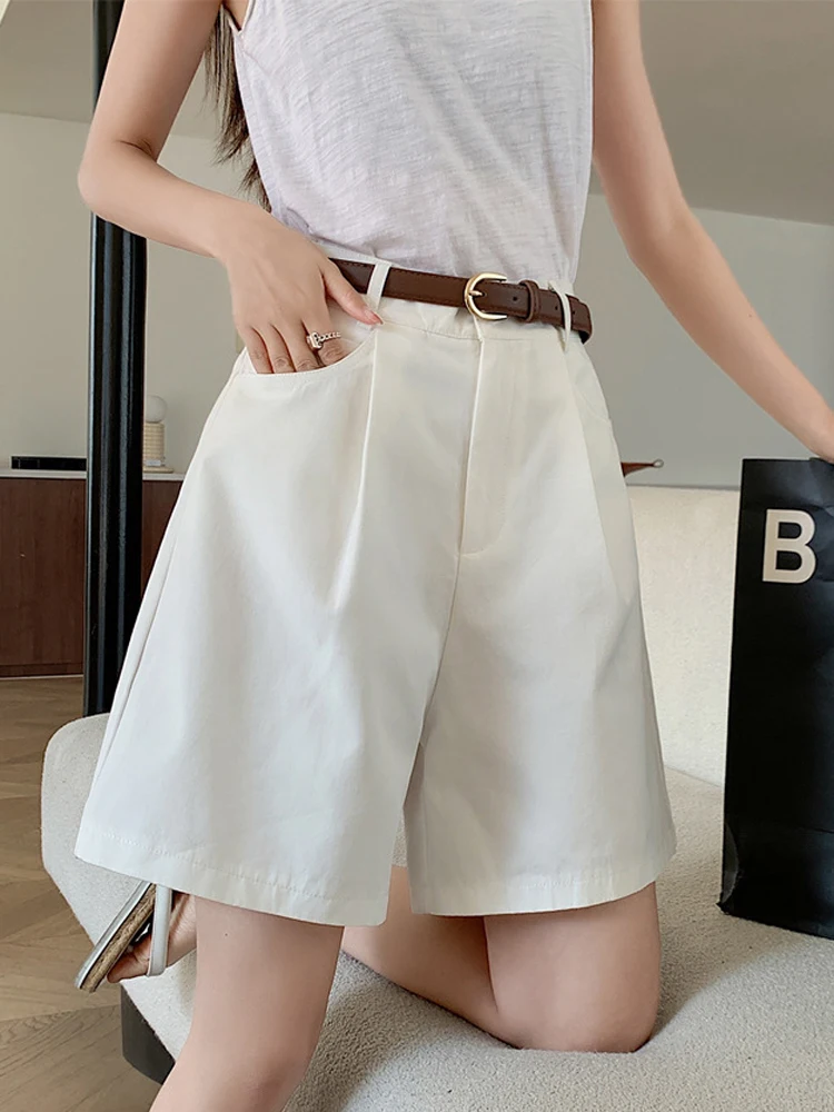 

FSMG Summer 100% Cotton Thin High Waist Cargo Shorts With Belted Casual Loose A-Line Wide Leg Half Pants Women's Office Shorts