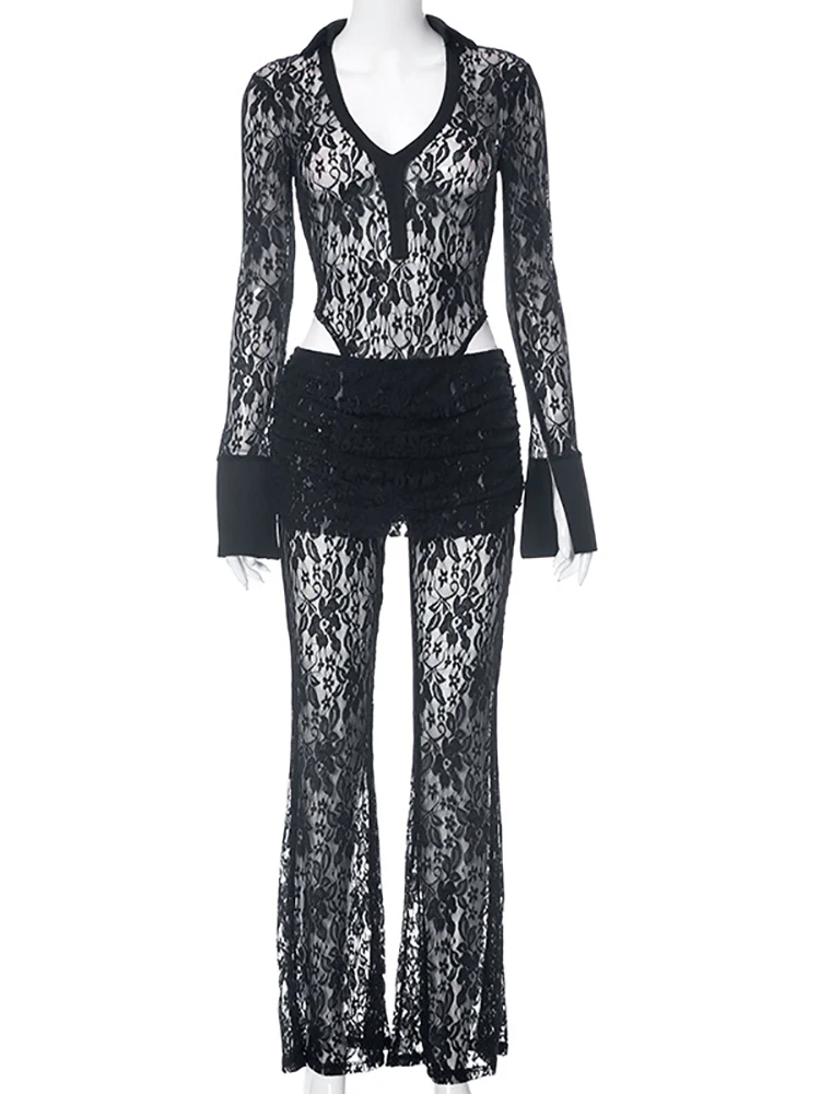 Fantoye Print Floral See Through Lace Women Pant Suit Black Long Sleeve High Waist Pant Suit Female Autumn Casual Two Piece Sets