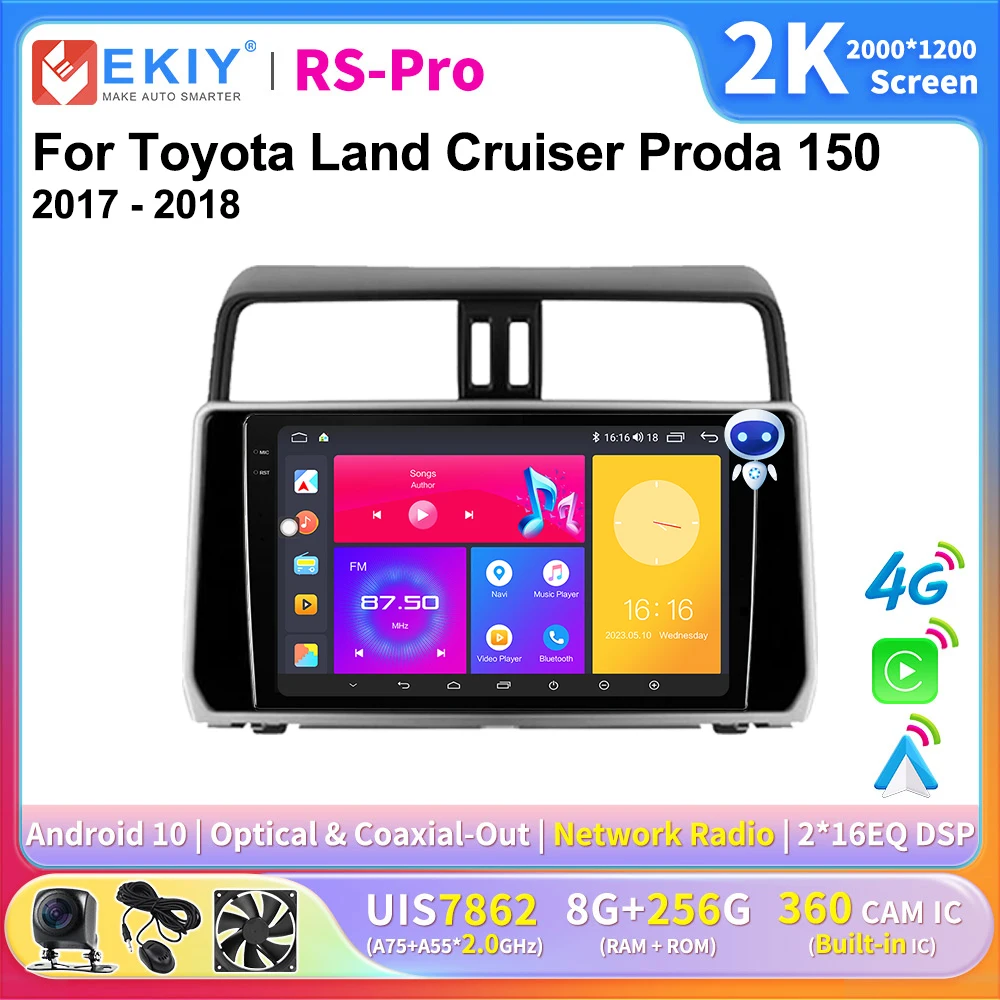 EKIY 2K Screen CarPlay Radio For Toyota Land Cruiser Prado 150 2017-2018 Android Auto 4G Car Multimedia Player Stereo Ai Voice