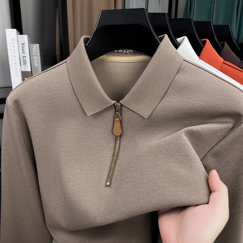 

Мужская рубашка-поло с половиной молнии и лацканами, роскошная брендовая весенне-осенняя повседневная однотонная мужская футболка с длинным рукавом и принтом, приятная для кожи