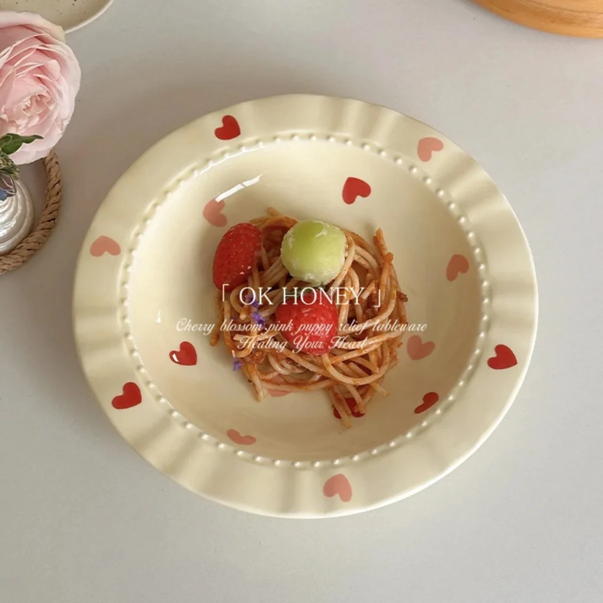 

Lovely love straw hat lace ceramic plate high appearance level pasta plate fruit salad plate plate advanced sense