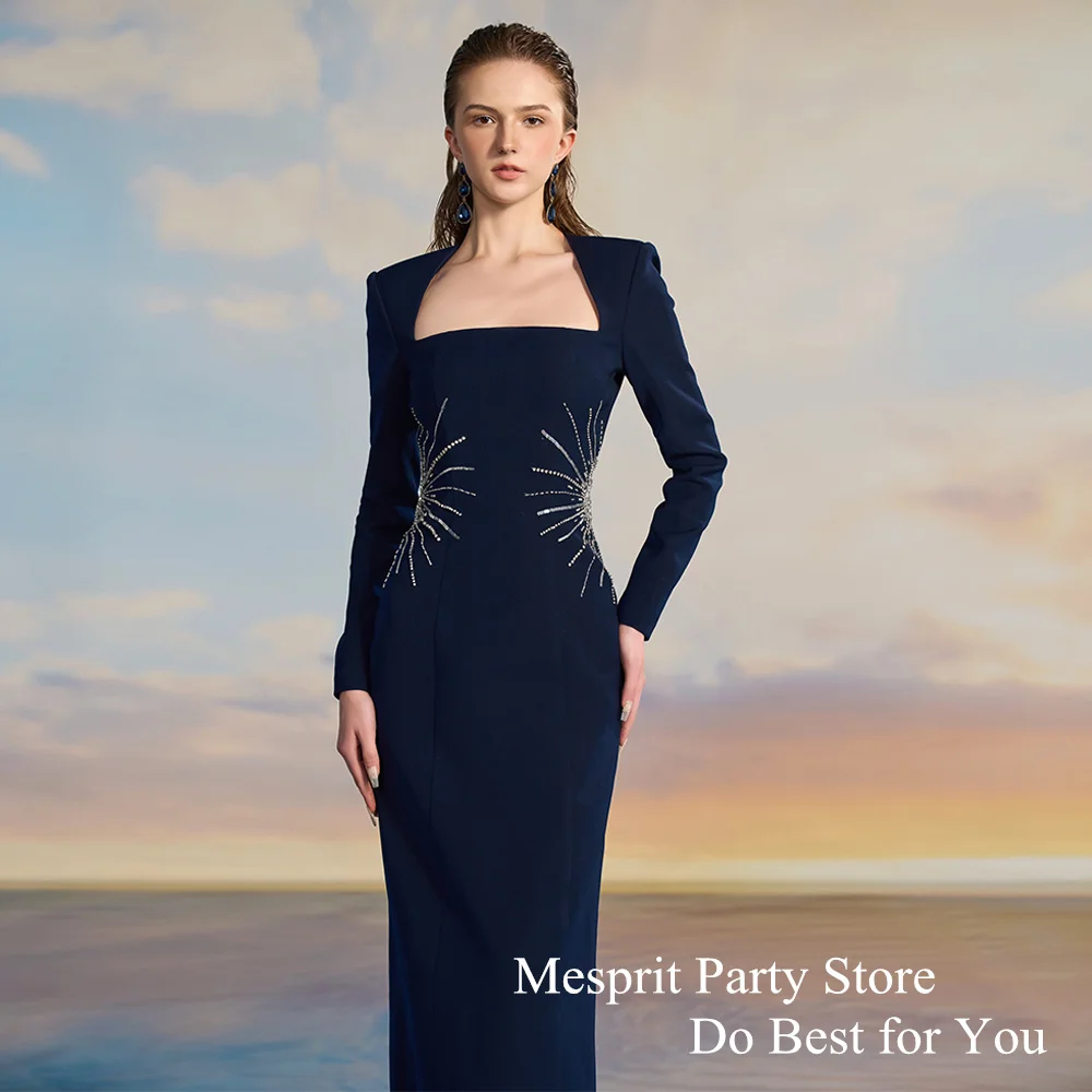 Navy Blue Evening Dress Customized Long Sleeve Beading Sequined Floor Length Straight Saudi Arab Prom Gown Banquet Party Dress