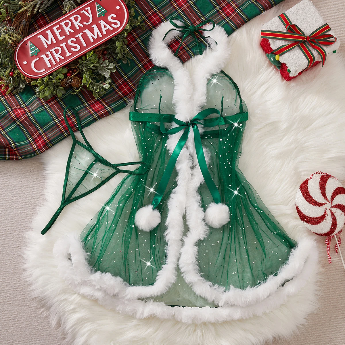 Women Christmas Sexy Lingerie Green Sheer Mesh Babydoll Fur Trim Santa Costume Sleepwear Xmas Nightdress With G-string
