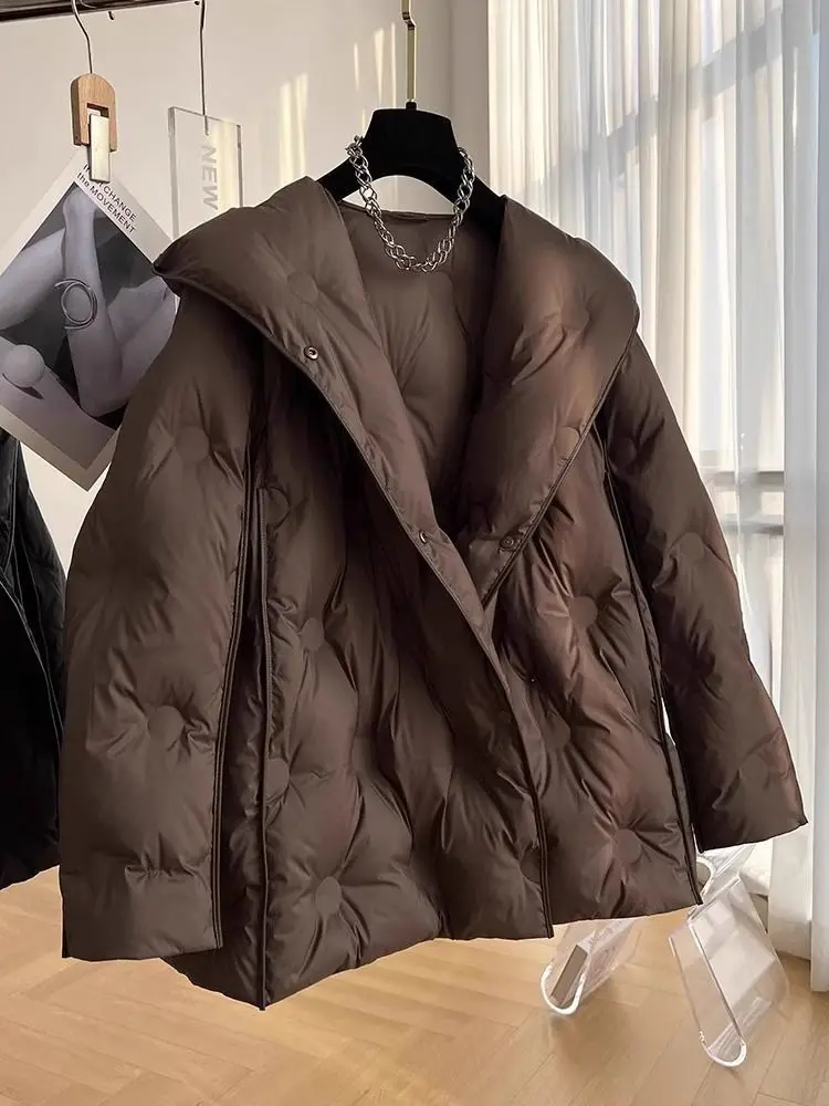 2025 New Winter Women Hooded Down Jacket Thickened Large Collar Fashion White Duck Down Coat