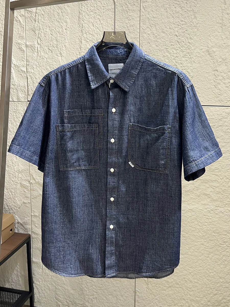 

American Style Khaki Workwear Vintage Washed Summer Men's Loose Collar Denim Short Sleeve Shirt Trendy Outerwear