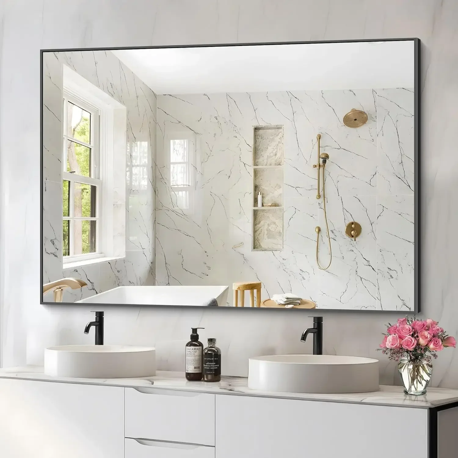 

Зеркало для ванной 36x50 дюймов, черное прямоугольное зеркало с тонкой металлической рамой, большое настенное зеркало для ванной комнаты