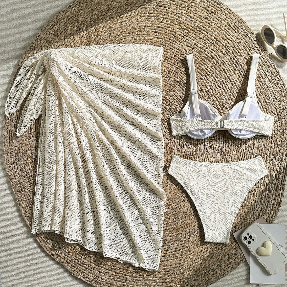 Fanan 2026 Summer New Wave Holiday Beach Hollow Lace Swimsuit Three-piece Swimsuit Women Bikini