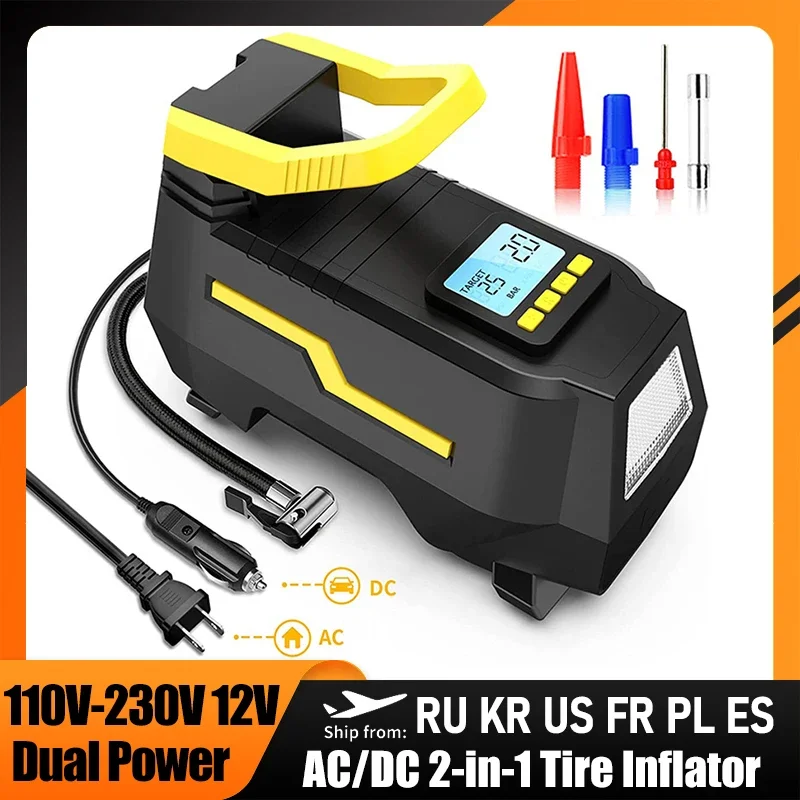 Portable Air Compressor AC/DC 2-in-1 Tire Inflator 110V-230V Air Pump For Car Tires W/Auto Shut-Off for Car Motorcycle Bicycle