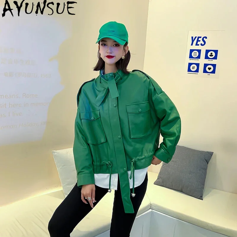 AYUNSUE-chaqueta de cuero genuino para mujer, abrigo de piel de oveja Real, prendas de vestir sueltas de estilo coreano, Otoño e Invierno