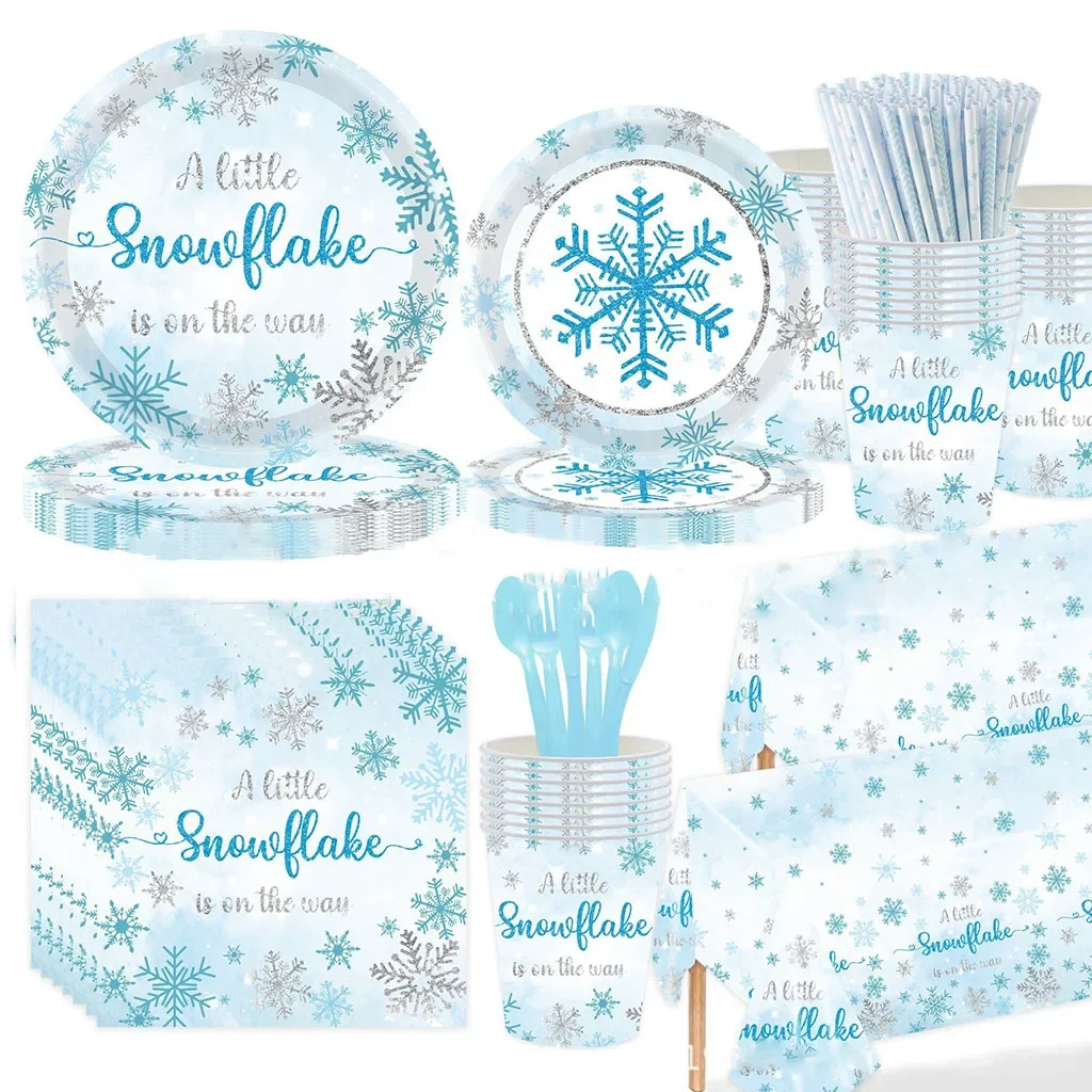 8Guests Blue Snowflake Disposable Tableware Christmas Snowflake Plates Napkin Noel 2025 Ice Snow Girl Happy Birthday Party Decor