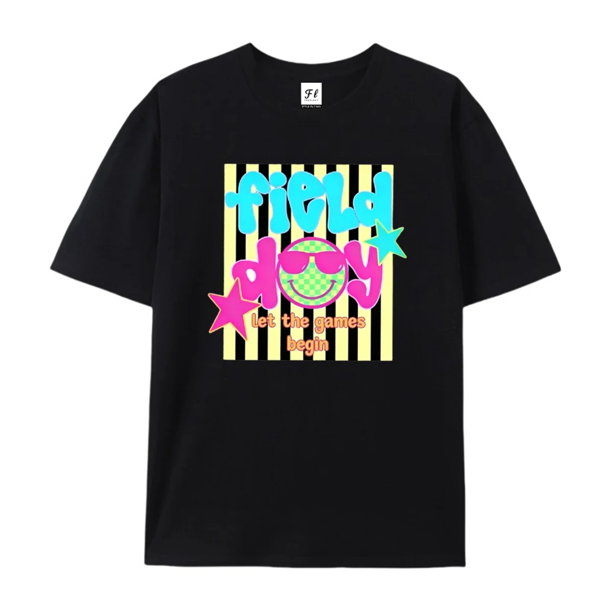 Field Day Graphic T‑Shirt Y2K Groovy Let The Games Begin Smiley Face Star Retro School Sport Casual Short Sleeve Tops Streetwear