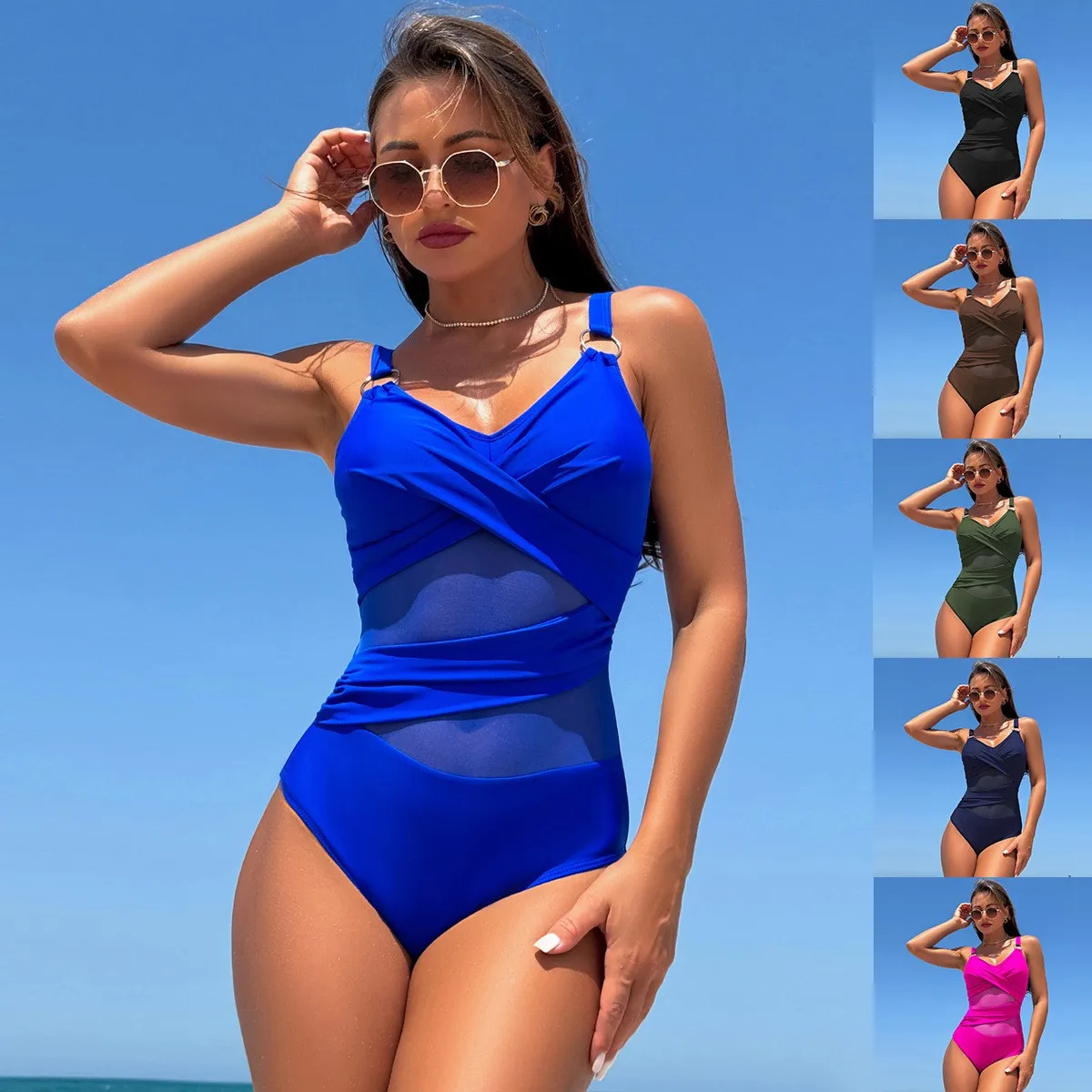 

Women's 2025 Sleeveless Solid Color V Neck Swimwear Cross Front High Cut Legs Bathing Suit with Adjustable Straps Blue Black