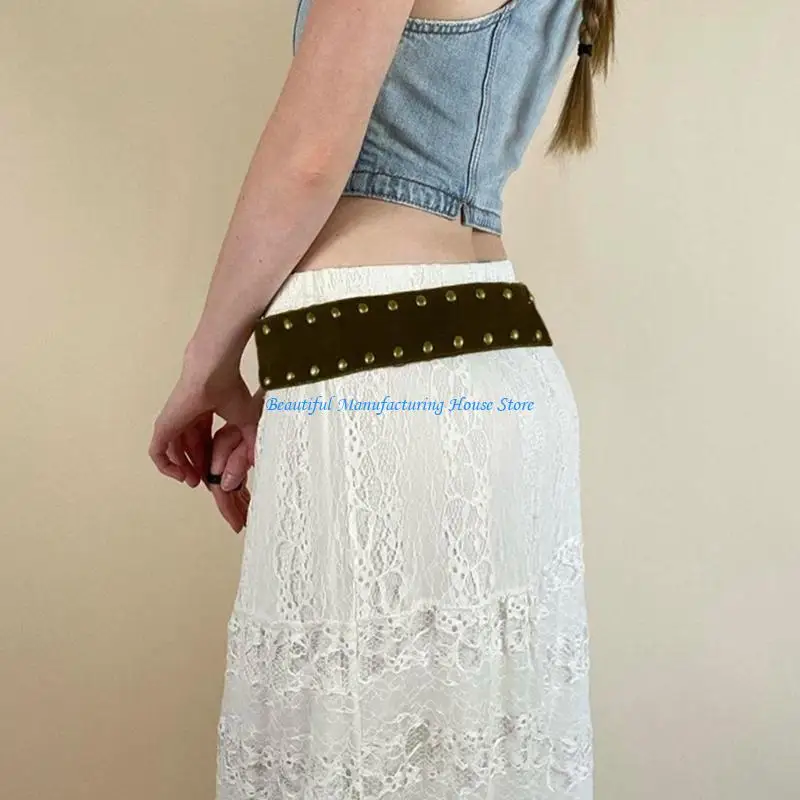 E56A Vintage Brown Studded Elastic Belt for Women Punk Waist Belt