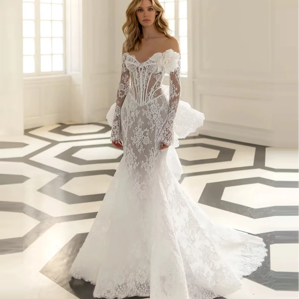 Customized New Arrival Lace 3D Floral Wedding Dress For Woman Bride Off Shoulder Mermaid Long Dreamy Backless Bridal Gown