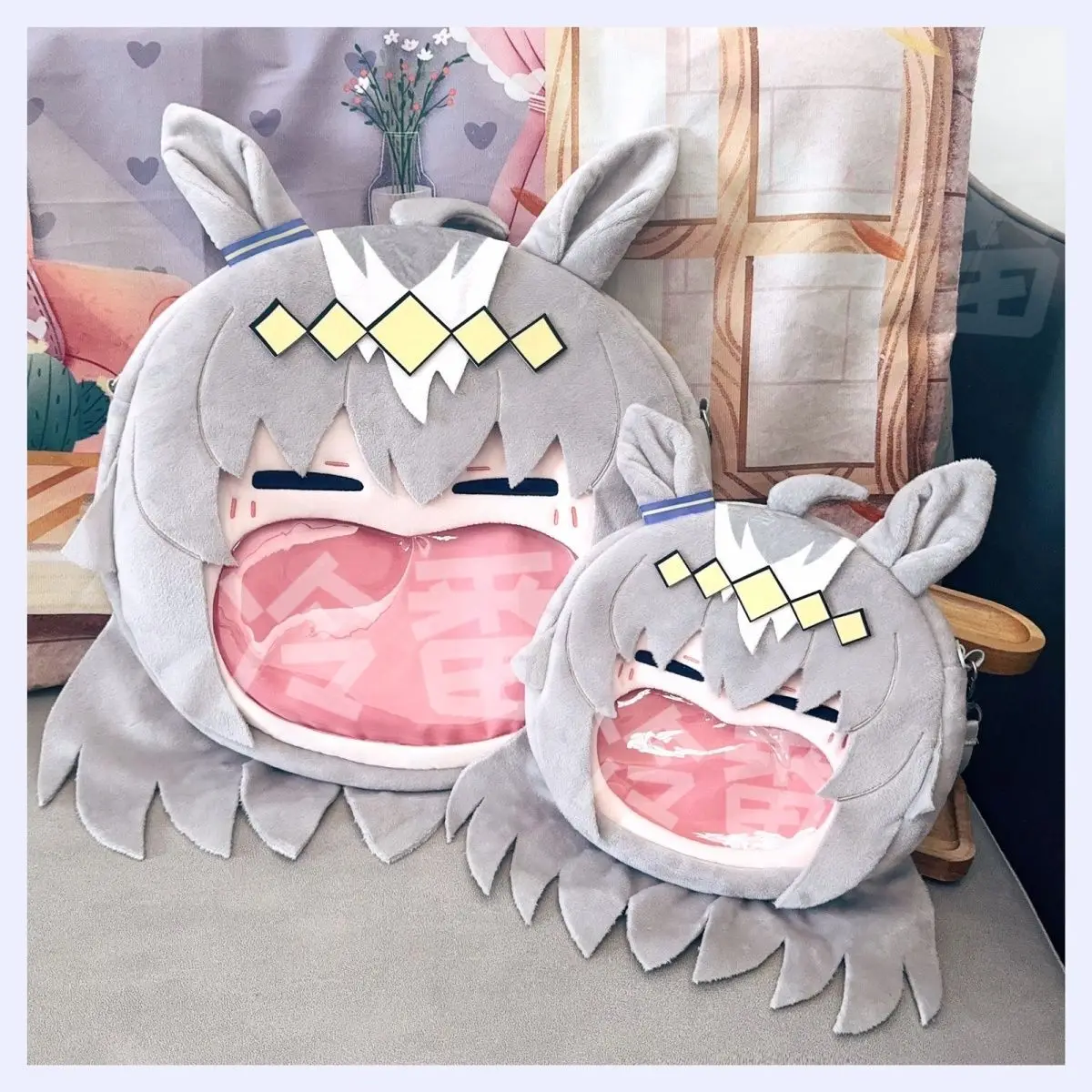 Jockey Girl Merchandise Little Chestnut Hat Big Mouth Plush Pain Transparent School Bag Double Shoulder Crossbody Backpack Anime