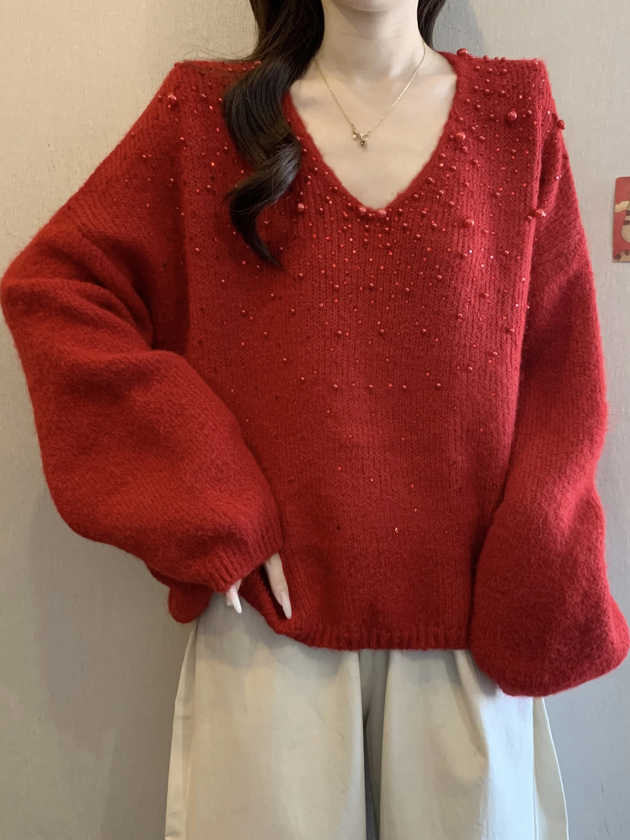 New Year Red V-Neck Knitted Sweater Women's Spring Autumn plus Size Slimming Short Heavy Embellished Top Korean Style Commute...