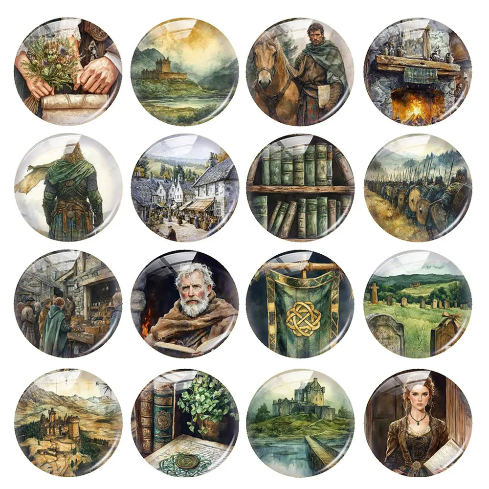 Random Mixed Round/Oval/Square Green Castle Photo Glass Cabochon Flatback Demo Cameo For Diy Jewelry Making Handmade Flat Back
