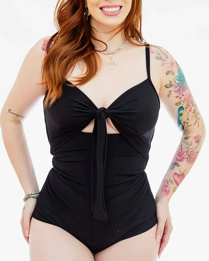 

Triangle One-piece Body-shaping Black Swimsuit Slimming and Covering Belly Small Chest Gathering