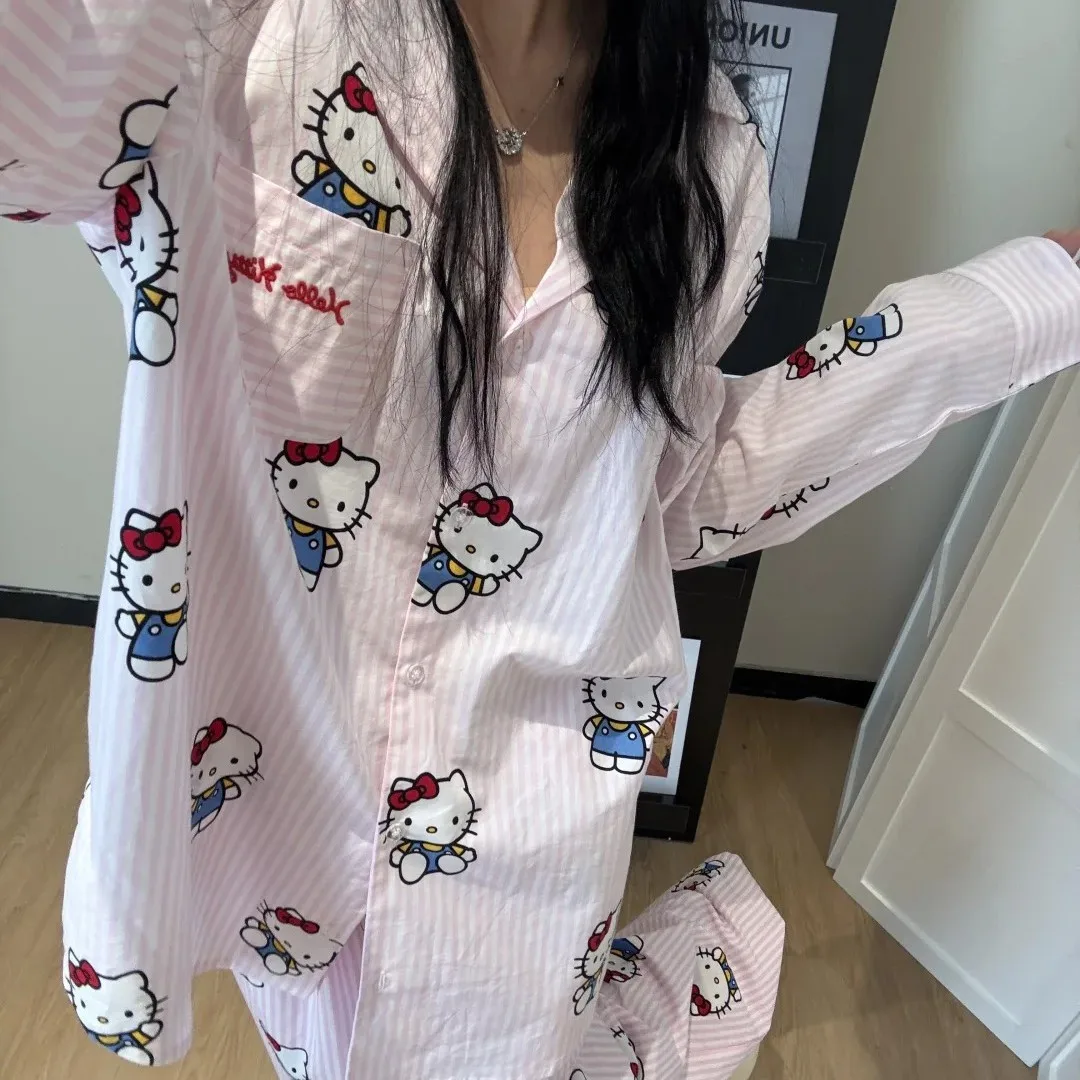Sanrio Hello Kitty Sweet Pajamas Women's Korean Spring Autumn Long Sleeve Tops Pants Home Clothes Schoolgirls Pink Sleepwear
