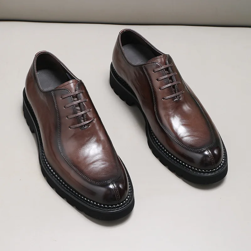 Men's lace up European version cowhide creates work wear and wedding soft leather upper leather shoes