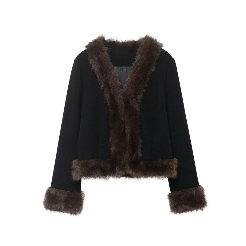 

Dave&Di French Fashion Ladies Elegant Faux Fur Collar Spliced Woolen Coat Casual Retro Suit Women's Jacket Woman Clothes Tops