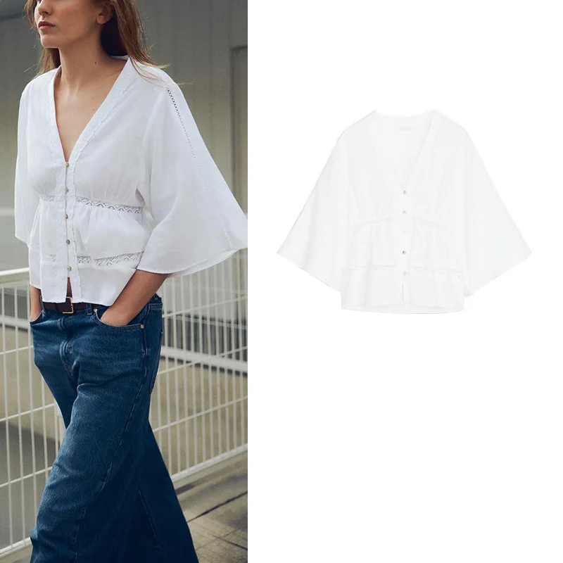 Cárdigan abierto con manga de campana blanca, cuello en V hoado, decoración de encaje Vertical, estilo de viaje, fibra de p...