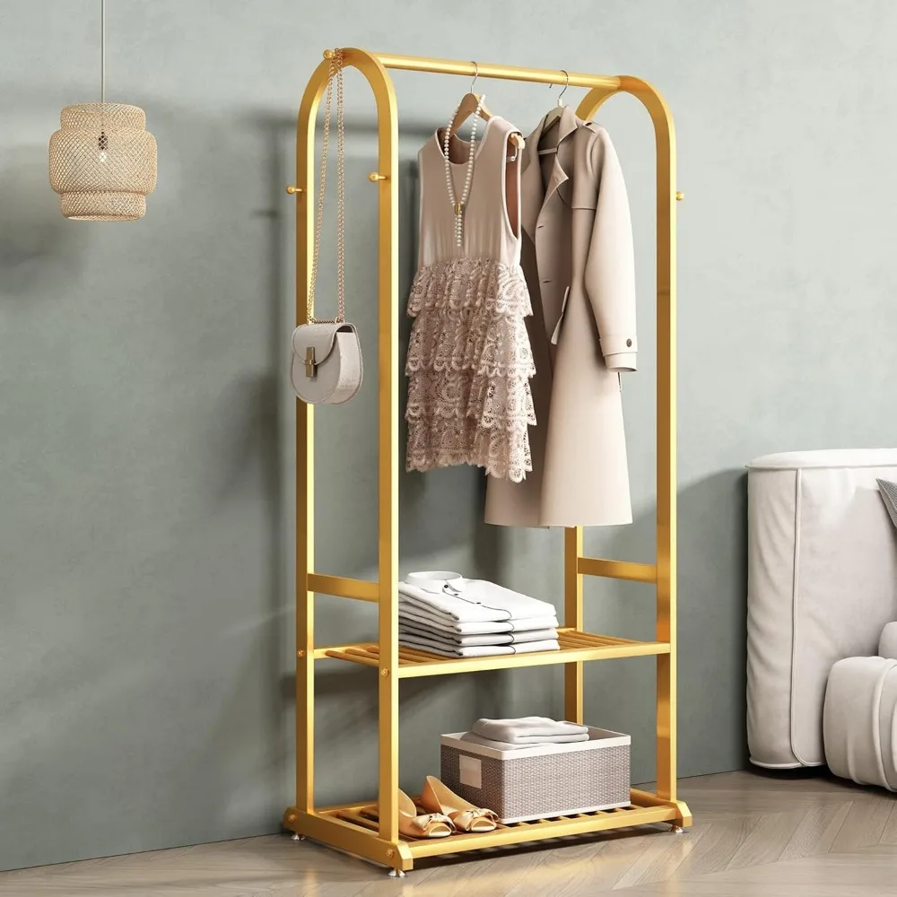 

Gold clothing rack,Heavy duty clothes rack with bottom shelves,Small garment rack for hanging clothes,Wardrobe rack,hanging rack