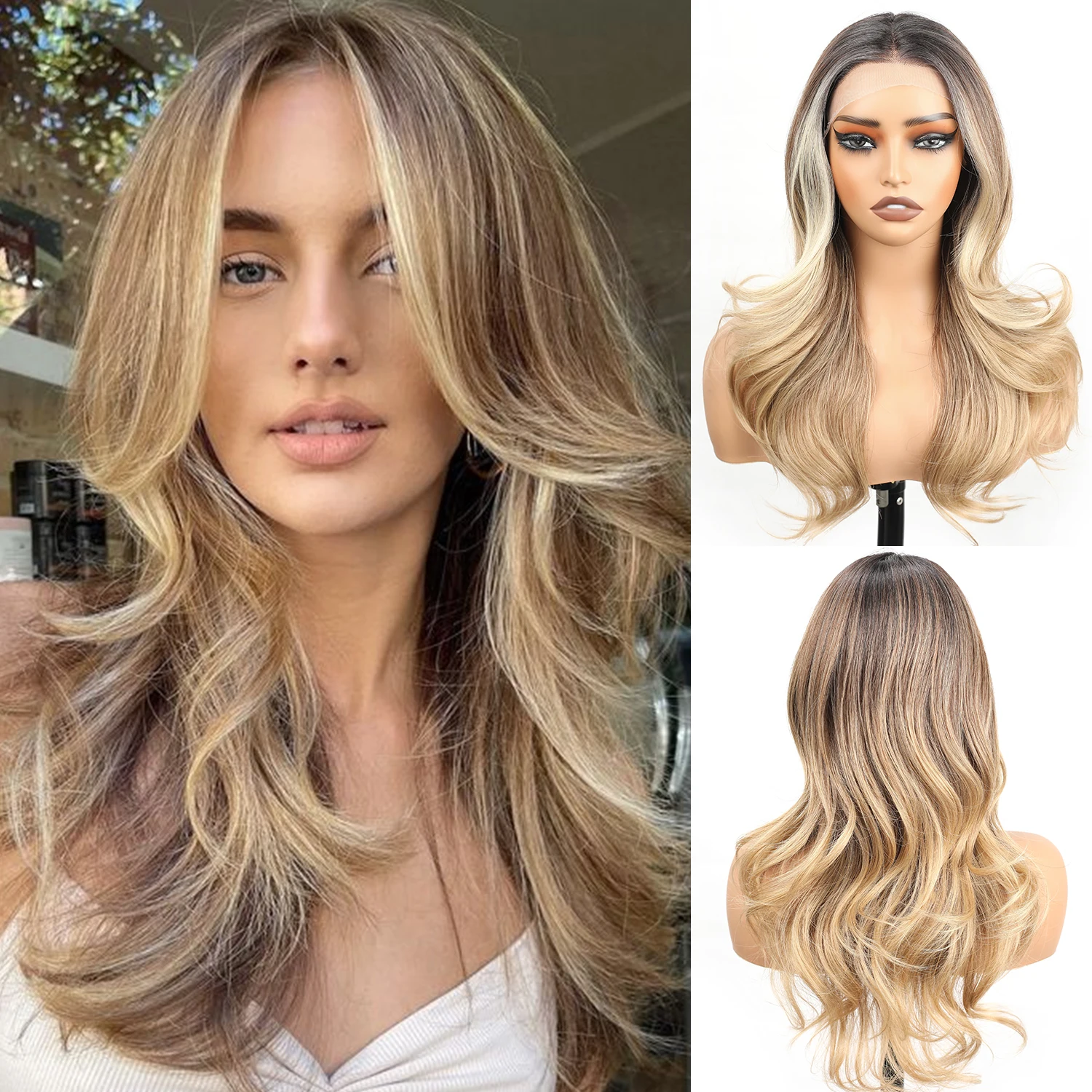 

Ombre Blonde 13x4 HD Lace Front Wig 26 Inch Long Layered Body Wave Natural Looking Synthetic Glueless Wigs for Women Daily Wear