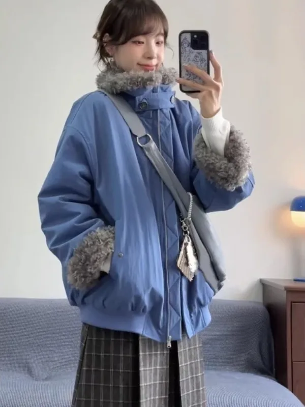 

Deep Sea Blue Fur Collar Plu Inner Liner Jaet Cotton Coat Soft Velvet Texture Ladylike Loose Fit Long Sve Zipper Closure