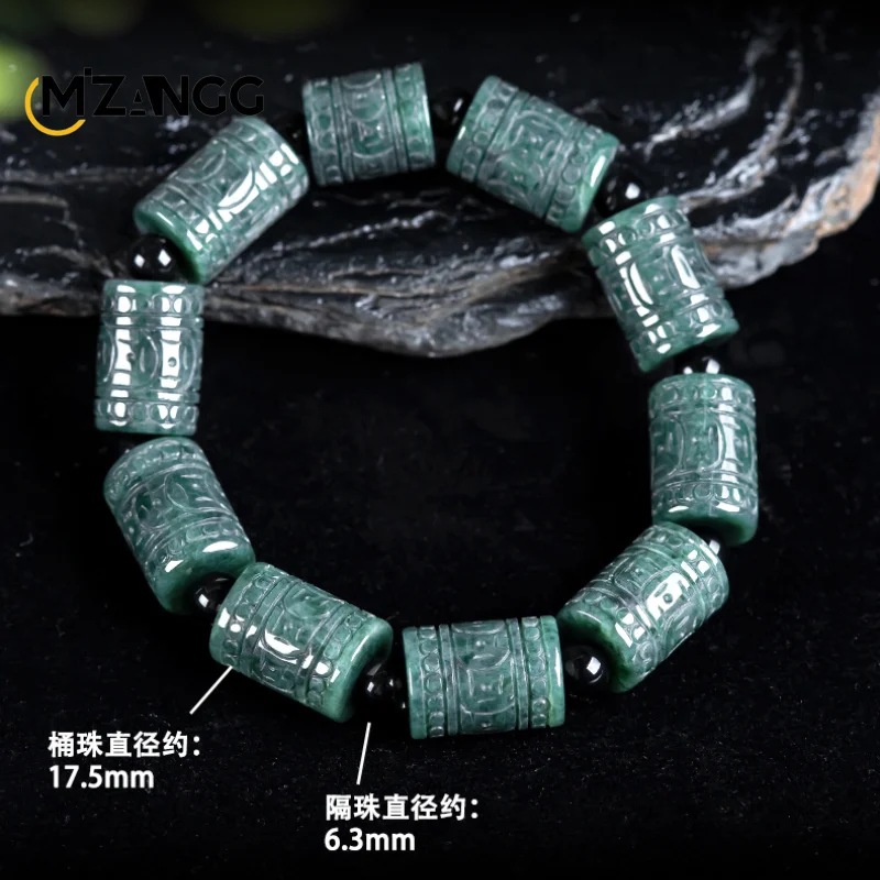 Pulsera de Jade de hielo tallada a mano para hombres y mujeres, cuentas de barril de flores grabadas en verde, aceite de jadeíta Natural, cuerdas exquisitas, regalo de moda