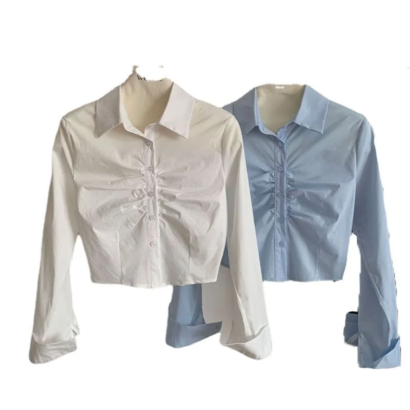 เสื้อเชิ้ตจีบแบบไม่สมมาตร ดีไซน์หรูหรา ทันสมัย โดดเด่นไม่ซ้ำใคร แขนยาว