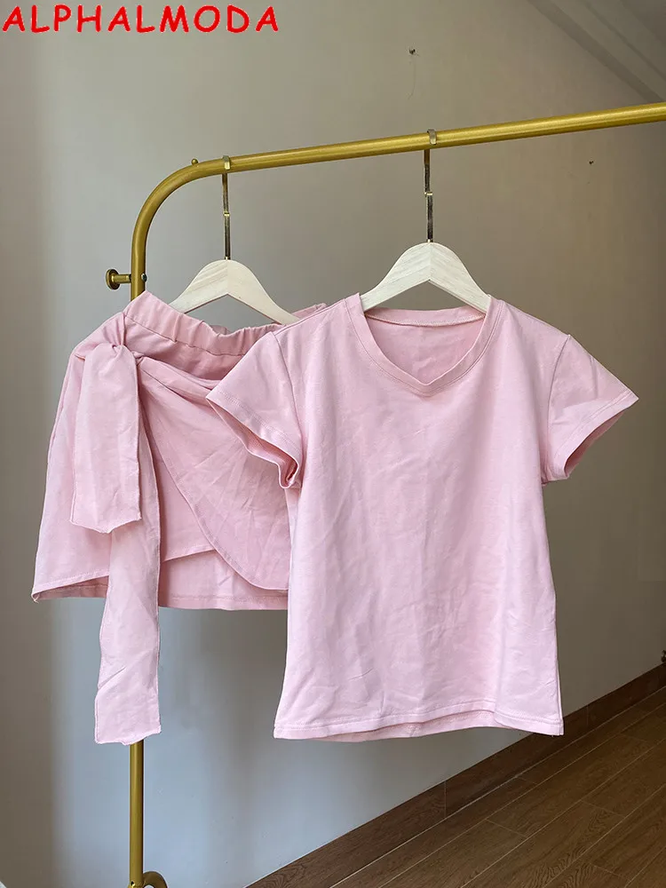 

ALPHALMODA 2022 Summer Short-sleeved Cotton Slim Tshirt + A-line Wrap Short Skirt Women 2pcs Casual Suits Solid Lounge Wear Set