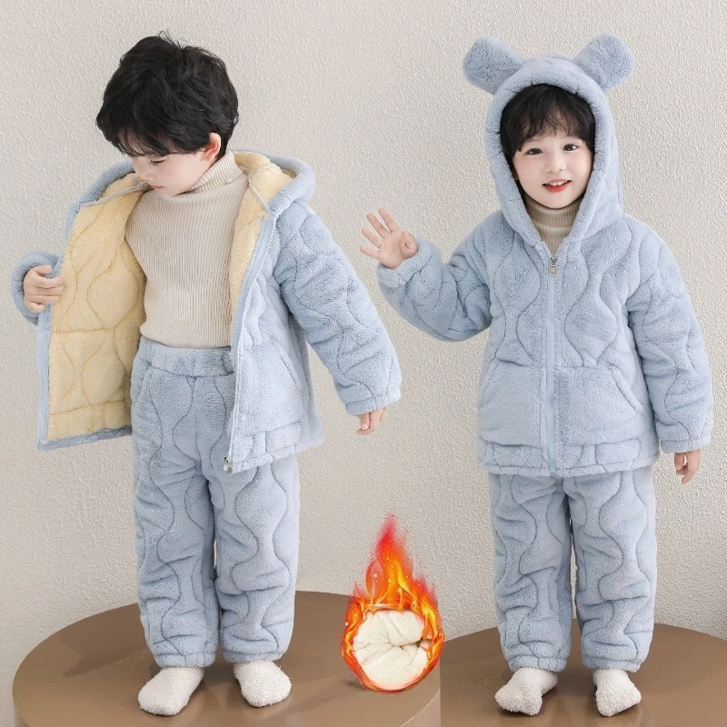 2PCS Winter Children's Three-layer Padded Coral Fleece Loungewear Set Hooded Pajama Set for Boy Warm Sleepwear