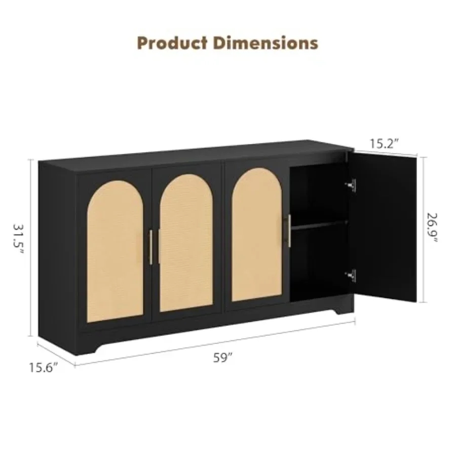 59W Sideboard Buffet Cabinet for Dining Room, Solid Wood, Matte Black, Rustic Farmhouse Style with Soft-Close Drawers