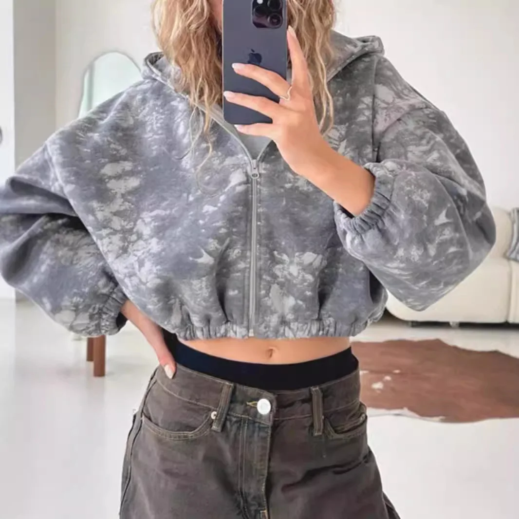 European American Street Style Personalized Hoodie Women's Spring Summer Fashion Sports Comfortable Short Zipper Open Front Top