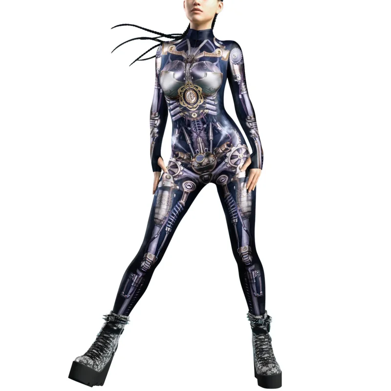 Mechanical Gear Punk Woman Zentai Bodysuit Costume Halloween Festival Catsuit Front Zipper Jumpsuit Outfit with Thomb Sleeves