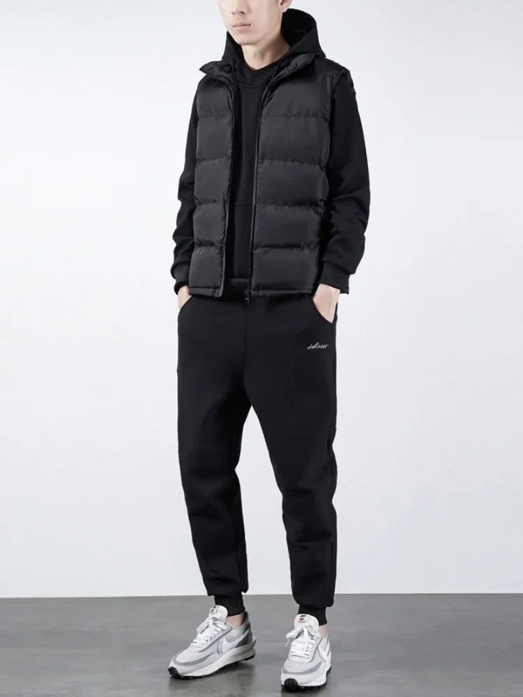 New Autumn Winter Black Tracksuit Mens Pullover Hoodie Stand Collar Vest Drawstring Pants Sports Running Three Piece Set Male