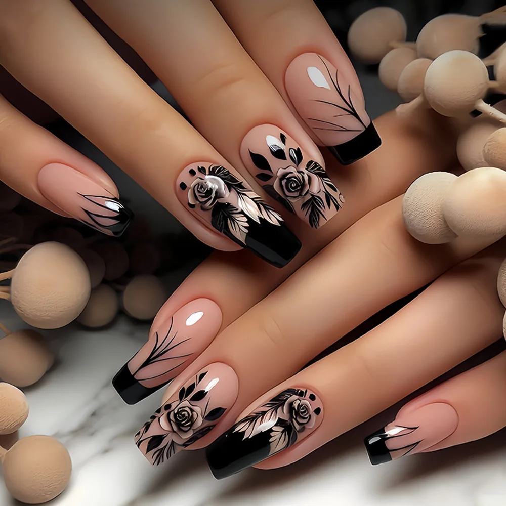 أظافر صناعية قصيرة متوسطة الحجم أرجواني أزرق أحمر بني زهور سوداء فراشة خريف شتاء مربعة أطراف أظافر باليه اضغط على أظافر صناعية #2