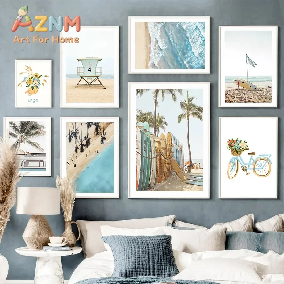 Coastal Beach Wall Art Summer Surf Canvas Prints Neutral Palm Tree Ocean Posters Lifeguard Tower Surfboard Living Bedroom Decor